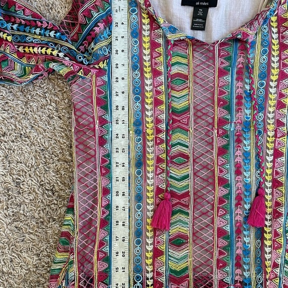Ali Miles Colorful Woven Boho Flared Sleeves V-Neck with Tassels Blouse Sz MP - Picture 11 of 11